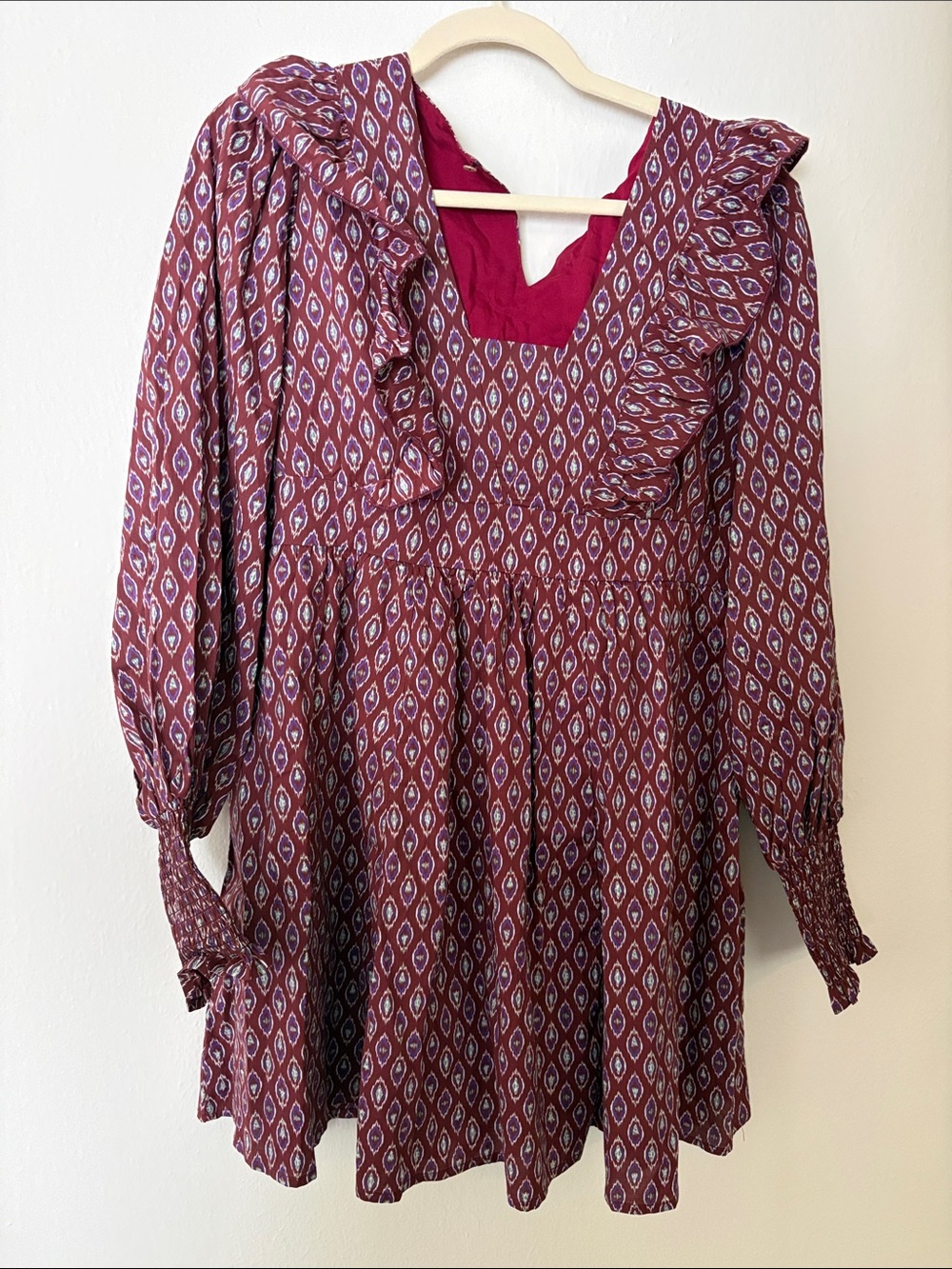 Burgundy Printed Ruffle Long-Sleeve Dress